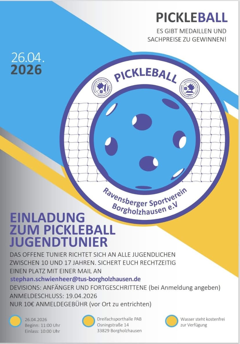 Plakat: 2. Pickleball Jugendturnier Borgholzhausen 2026